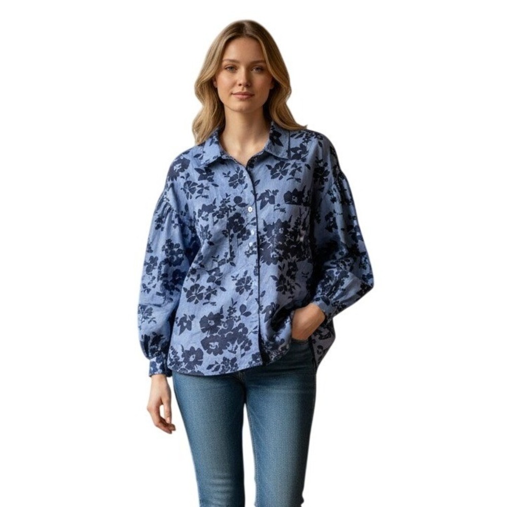 Kaktus‎ Button Up Shirt Womens 1X Blue Excellent Floral Puff Sleeve Blouse